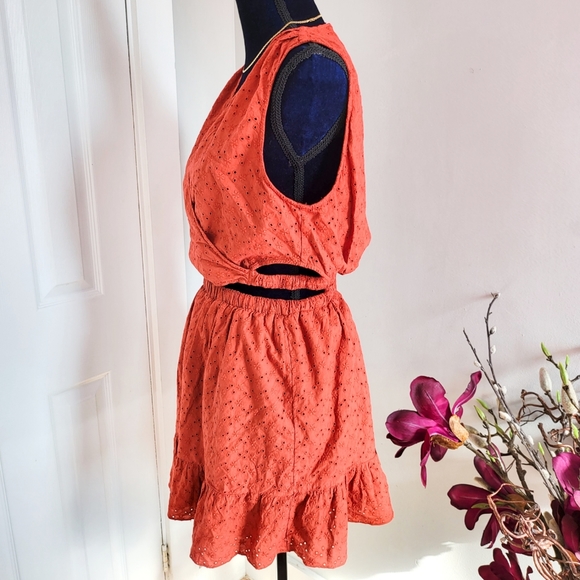 ZARA OPENWORK EMBROIDERED TERRACOTTA DRESS - Picture 6 of 16